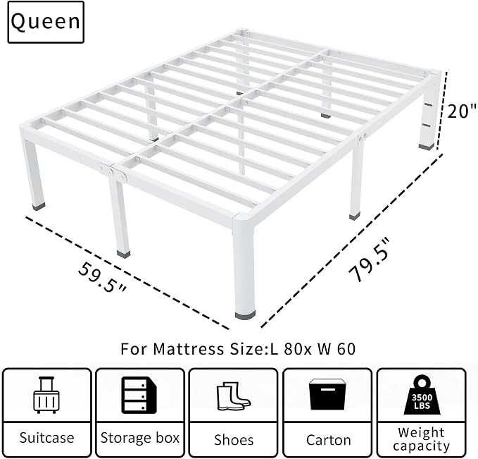 ROIL 20 Inch White Queen Bed Frame with Rounded Corner and Headboard Hole Mattress Retainers, 3500LBS Heavy Duty Steel Slats No Box Spring Needed Platform Noise-Free Easy Assembly