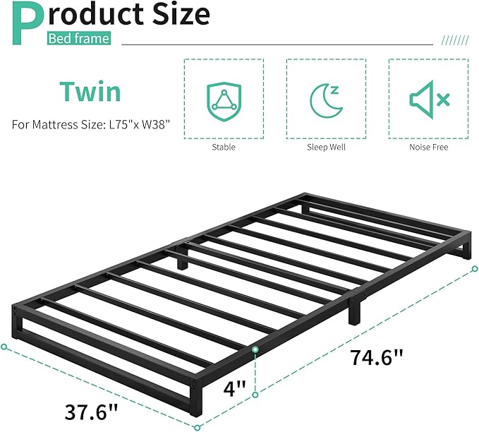 Lutown-Teen 4 Inch Twin Size Bed Frames Heavy Duty Metal Twin Platform Bed Frame No Box Spring Needed, Noise Free, Easy Assembly, Black