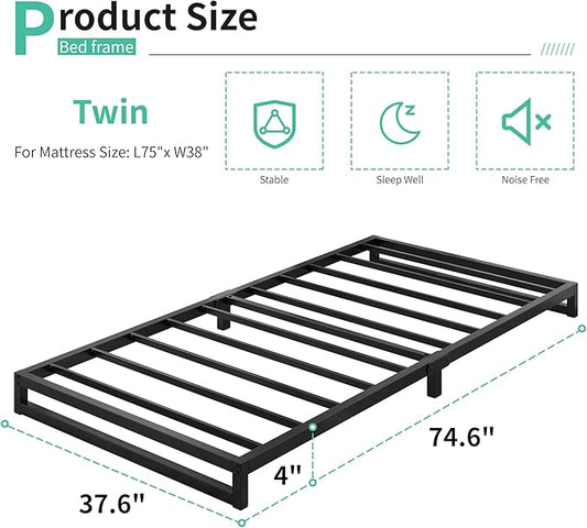 Lutown-Teen 4 Inch Twin Size Bed Frames Heavy Duty Metal Twin Platform Bed Frame No Box Spring Needed, Noise Free, Easy Assembly, Black