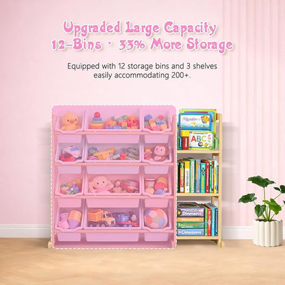 Kids Toy Storage Organizer with Bookshelf – Wooden Shelf with 12 Bins & 3 Shelves, Quick Assembly Storage Rack for Playroom, Bedroom, Nursery– Colorful