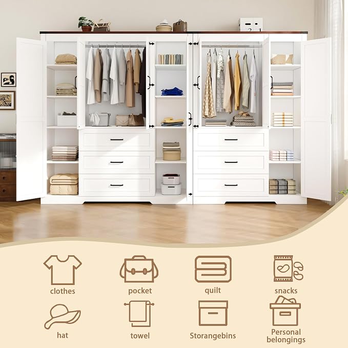 70" Tall Wardrobe Closet with 7 Doors & 6 Drawers, Farmhouse Armoire with Hanging Rod, Wooden Armoire Wardrobe Closet for Bedroom, Freestanding Clothing Storage Cabinet, White