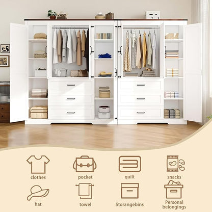 70" Tall Wardrobe Closet with 7 Doors & 6 Drawers, Farmhouse Armoire with Hanging Rod, Wooden Armoire Wardrobe Closet for Bedroom, Freestanding Clothing Storage Cabinet, White