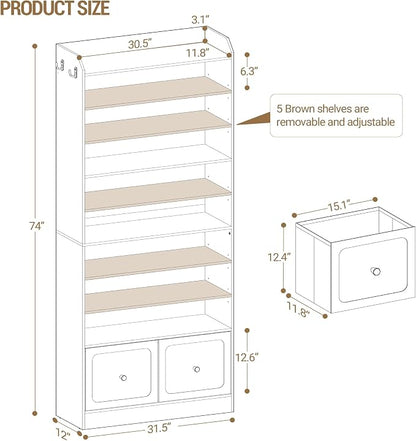 Hzuaneri Shoe Storage Cabinet, 10 Tiers Shoe Cabinet with 2 Cloth Drawers, Wooden Freestanding Shoes Organizer with 2 Hooks, 40-45 Pairs, Shoes Cubby Organizer for Entryway, White SR52903MI
