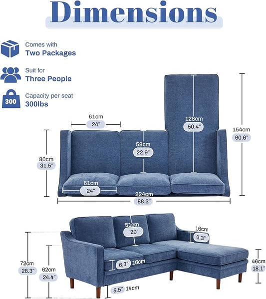 Kingfun 88" L-Shape Sofa, Chenille Sectional Couch, Mid Century Modern Couches with Solid Wood Frame for Living Room Bedroom
