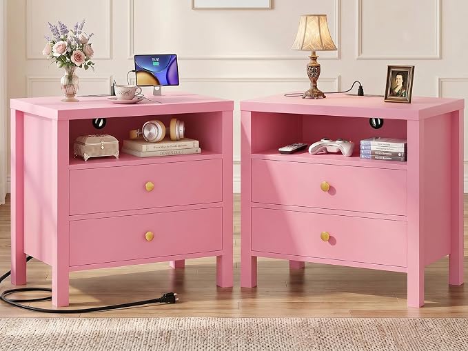 Aheaplus Nightstand with Charging Station, 23.6'' Large Bed Side Table with Wooden 2 Drawers, Night Stand for Bedroom, End Table with Open Storage Shelf for Living Room, Set of 2, Pink