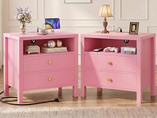 Aheaplus Nightstand with Charging Station, 23.6'' Large Bed Side Table with Wooden 2 Drawers, Night Stand for Bedroom, End Table with Open Storage Shelf for Living Room, Set of 2, Pink