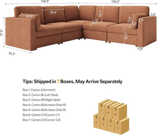 Oversized Modular Sectional Sofa V-Shaped Cloud Couches Brown | 109'' Deep Seat Couch for Living Room, 5-Seater Luxury Comfortable Corner sofa, Solid Wood Frame, Removable Washable Cover
