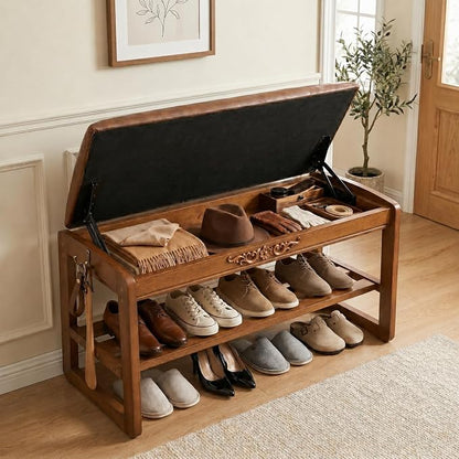 Shoe Storage Bench 2 Tier Shoe Rack for Entryway Shoe Rack Bench with Storage with Flip-Top for Hallway Entryway Living Room Wood Shoe Bench with Embossed Pattern and Hook, Walnut (31.5")