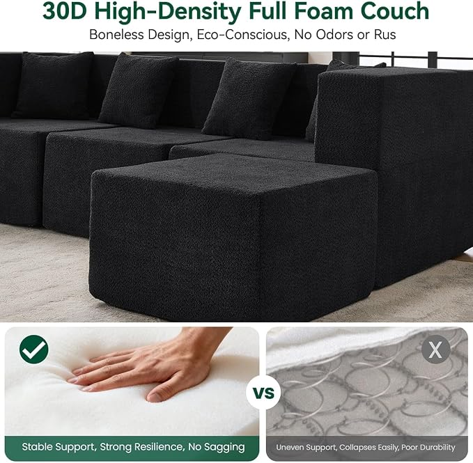 MONVANE Modular Sectional Sofa, Oversized 8 Seat Convertible U Shaped Couch with Ottoman, Comfy Teddy Velvet Cloud Couch with Deep Seat, Sectional Couches for Living Room, No Assembly Required, Black