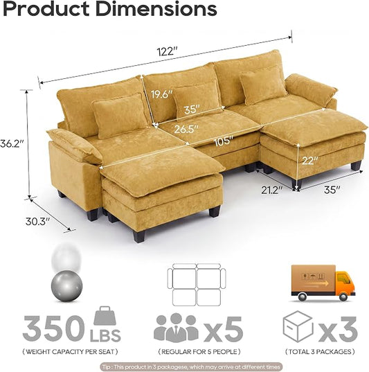 URRED Oversized Modular Sectional Sofa, 122" U Shaped Modern Comfy Cloud Couch with Movable Ottoman & Pillows, Deep Seat Couches for Living Room, Bedroom or Apartment (Chenille Yellow, 122" U Shaped)