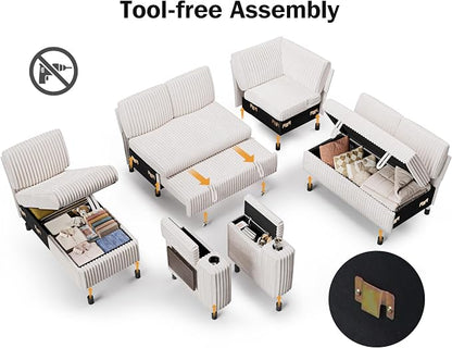 Vipbear 111" Modular Sectional Sleeper Sofa with Pull Out Bed, 7 Seat Plush Corduroy L Shaped Couch with Storage Chaise|USB Ports|Cup Holders|Side Table|Storage Armrests, Tool Free Assembly, Beige