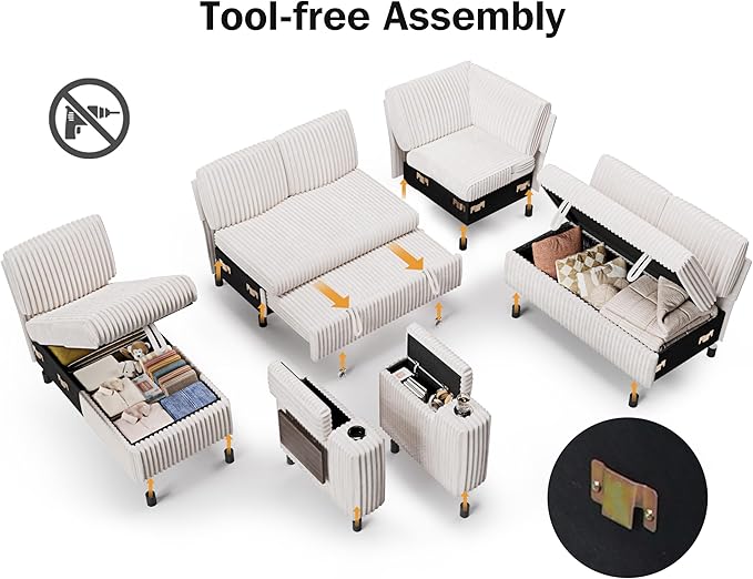 WEUP 111" Modular Sectional Sleeper Sofa with Pull Out Bed, 7 Seat Plush Corduroy L Shaped Couch with Storage Chaise|USB Ports|Cup Holders|Side Table|Storage Armrests, Tool Free Assembly, Beige