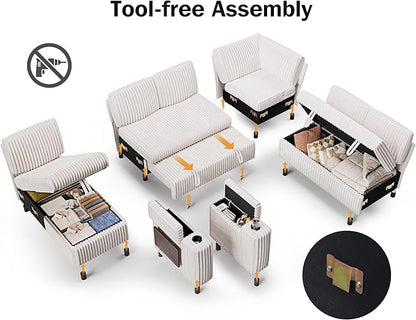 WEUP 111" Modular Sectional Sleeper Sofa with Pull Out Bed, 7 Seat Plush Corduroy L Shaped Couch with Storage Chaise|USB Ports|Cup Holders|Side Table|Storage Armrests, Tool Free Assembly, Beige