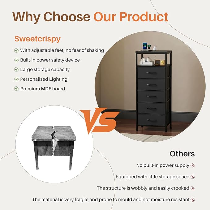 Sweetcrispy Nightstand with Charging Station, Dimmable LED Light Strip, 5 Fabric Storage Drawers, USB-C & AC Outlets, Sturdy Adjustable Feet, Modern Multifunctional Bedside Table, Black