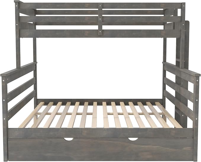 Wood Bunk Bed Twin XL Over Queen Size with Trundle, Detachable Design Bunk Bed Frame with Safety Guardrail, Ladder and Sturdy Slats Support (Grey+Trundle)