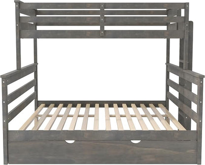 Wood Bunk Bed Twin XL Over Queen Size with Trundle, Detachable Design Bunk Bed Frame with Safety Guardrail, Ladder and Sturdy Slats Support (Grey+Trundle)