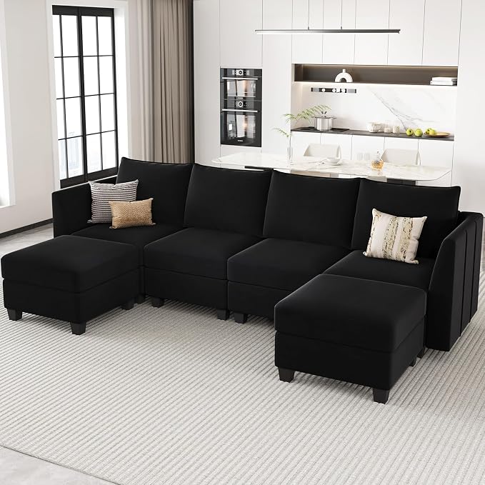 Belffin Modular Sectional Sofa U Shaped Couch with Storage Velvet Sectional Couch for Living Room Black