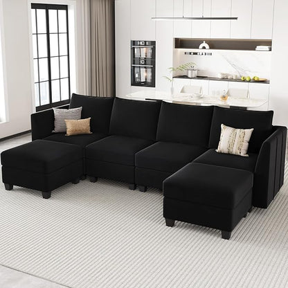 Belffin Modular Sectional Sofa U Shaped Couch with Storage Velvet Sectional Couch for Living Room Black