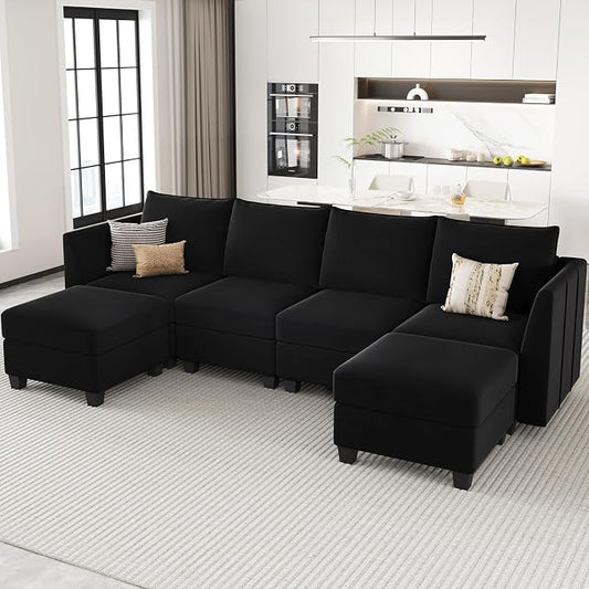 Belffin Modular Sectional Sofa U Shaped Couch with Storage Velvet Sectional Couch for Living Room Black