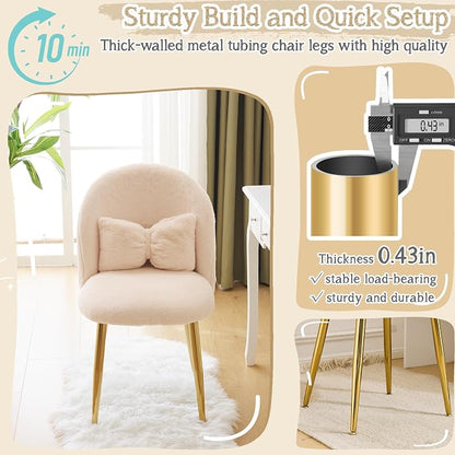 VINGLI Boucle Girls Vanity Chair with Back & Pillow,Cute Small Cozy Desk Chair No Wheels,Comfy Makeup Ch with Ajustable Gold Legs,for Bedroom,Living Room,Small Space,Khaki