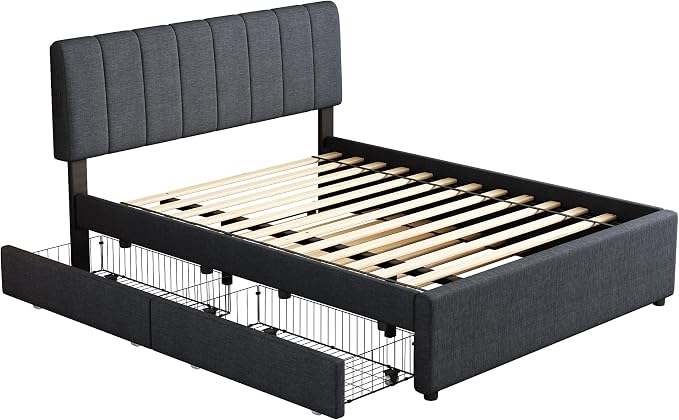 Full Size Upholstered Platform Bed w/Trundle Bed & 2 Storage Drawers | Twin Size Trundle,Two Drawers,LED Lighting Controlled by APP, USB+Type-C Charging Ports,Linen Upholstered Bed Frame,Dark Grey