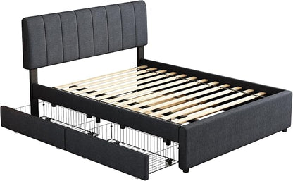 Full Size Upholstered Platform Bed w/Trundle Bed & 2 Storage Drawers | Twin Size Trundle,Two Drawers,LED Lighting Controlled by APP, USB+Type-C Charging Ports,Linen Upholstered Bed Frame,Dark Grey