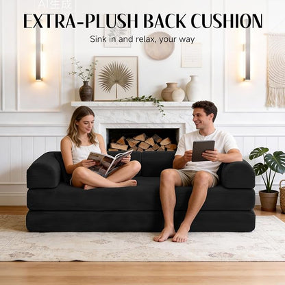 79'' Convertible Sofa Bed, Boneless Couch-in-a-Box, Corduroy Floor Futon Loveseat Sleeper, 26'' Deep Seat, Removable Machine-Wash Covers, No Assembly, 2 Pillows, Black
