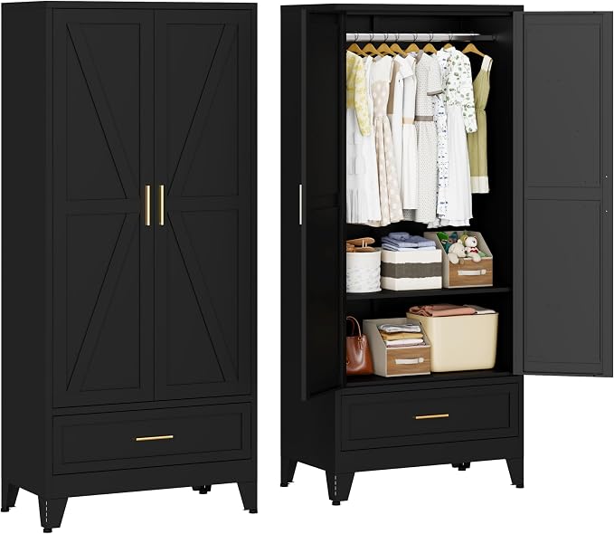 71" Metal Armoire Wardrobe Closet with 1 Drawer, Steel Wardrobe Cabinet with Adjustable Shelves & Hanging Rod and 2 Doors, Black Clothing Storage Cabinet for Bedroom