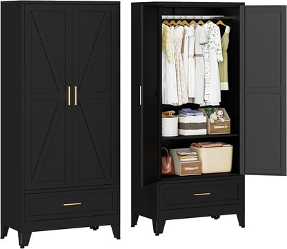 71" Metal Armoire Wardrobe Closet with 1 Drawer, Steel Wardrobe Cabinet with Adjustable Shelves & Hanging Rod and 2 Doors, Black Clothing Storage Cabinet for Bedroom