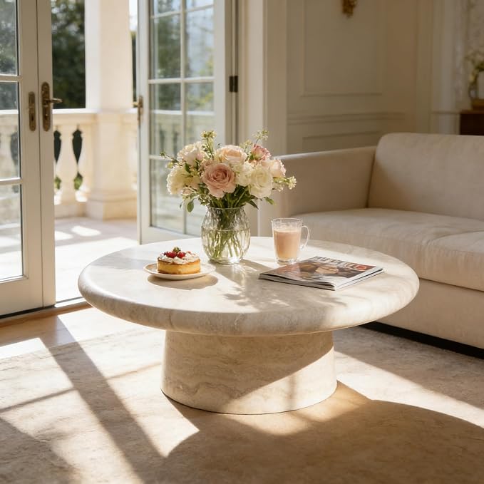 35.43" Faux Marble Round Coffee Table, Modern Pedestal Coffee Table with Base, Stone Circle Drum Minimalist Center Sofa Side End Table for Living Room Apartment Office, Mars Pattern