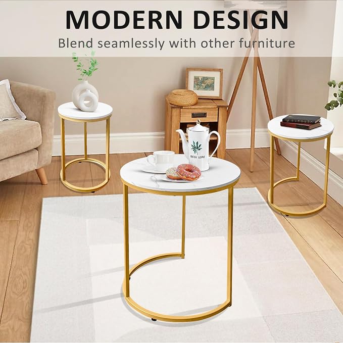 AT-VALY Nesting Tables Coffee Table Set of 3,Round Side Table Small Accent Table for Living Room,Bedroom Apartment (Gold)