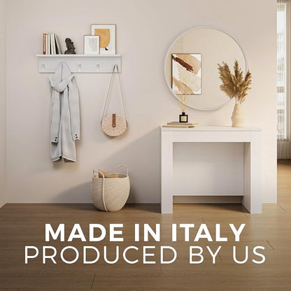 Mobili Fiver, Easy, Extendable Console Table with Extension Leaves Holder, 17.7(120.1) x35.4 in, Ashwood White, for 4-12 People, Space Saving Dining Table for Living Room, Italian Furniture