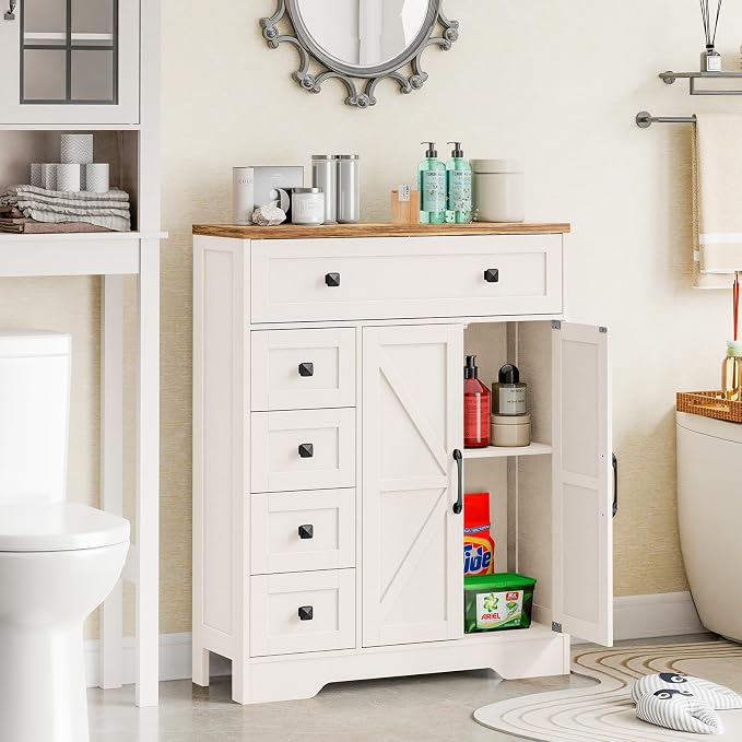 Vabches Farmhouse Storage Cabinet with 2 Doors and 5 Drawers, Freestanding Bathroom Cabinets Kitchen Pantry, Floor Storage Cabinet Hutch Cupboard for Living Room/Bathroom/Kitchen. Unique White