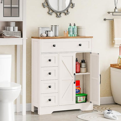Vabches Farmhouse Storage Cabinet with 2 Doors and 5 Drawers, Freestanding Bathroom Cabinets Kitchen Pantry, Floor Storage Cabinet Hutch Cupboard for Living Room/Bathroom/Kitchen. Unique White