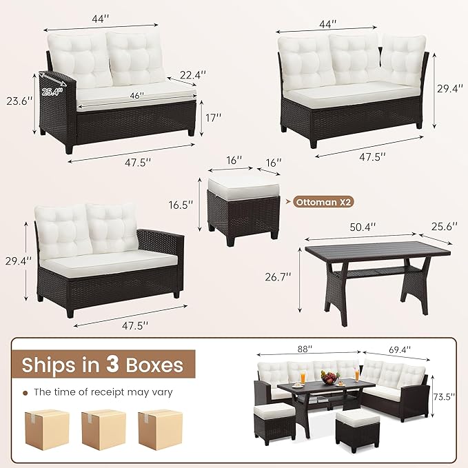 KROFEM 6-Piece Patio Furniture Set, Outdoor Sectional Sofa with Dining Table & Chairs, All-Weather Dining Set with Removable Cushion Covers, Ideal for Garden, Porch, Backyard, White