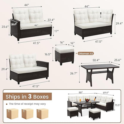 KROFEM 6-Piece Patio Furniture Set, Outdoor Sectional Sofa with Dining Table & Chairs, All-Weather Dining Set with Removable Cushion Covers, Ideal for Garden, Porch, Backyard, White