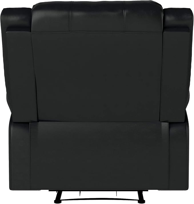 Warren 35.5" Manual Pull-Handle Recliner, Traditional Overstuffed, Pocket Coil Comfort, Black Metal Base Legs, Soft Vegan Leather Fabric, Black