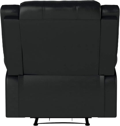 Warren 35.5" Manual Pull-Handle Recliner, Traditional Overstuffed, Pocket Coil Comfort, Black Metal Base Legs, Soft Vegan Leather Fabric, Black