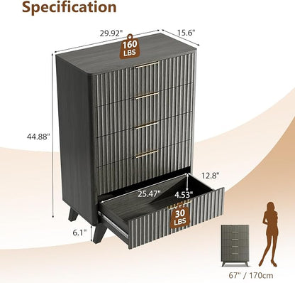 VINGLI Fluted Tall Dresser 5 Drawer Grey Chest of Drawers, Wood Dresser with Rounded Edges, Gray Chest Dressers for Bedroom, 29.92" W*15.6" D*44.88" H