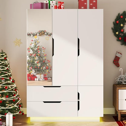 Hlivelood 3 Doors Armoire Wardrobe Closet with Mirror,2 Large Drawers, LED Light Wood Wardrobe Closet, Armoire with Hanging Rod for Bedroom, White