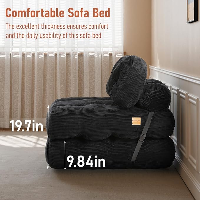 Folding Sofa Bed, Convertible Sleeper Chair with Back Support and Pillow Futon,Boneless Foldable Couch for Living Room/Guest Use/Home Office, Foldable Chair Bed for Adults, Black