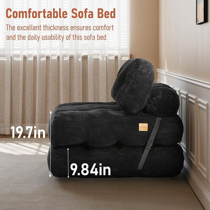 Folding Sofa Bed, Convertible Sleeper Chair with Back Support and Pillow Futon,Boneless Foldable Couch for Living Room/Guest Use/Home Office, Foldable Chair Bed for Adults, Black
