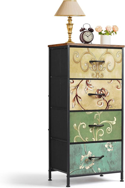 4 Drawers Dresser for Bedroom, Fabric Storage Tower Organizer with Wooden Top and Steel Frame, Tall Chest of Drawers for Closet, Entryway, Dorm, Floral Painted