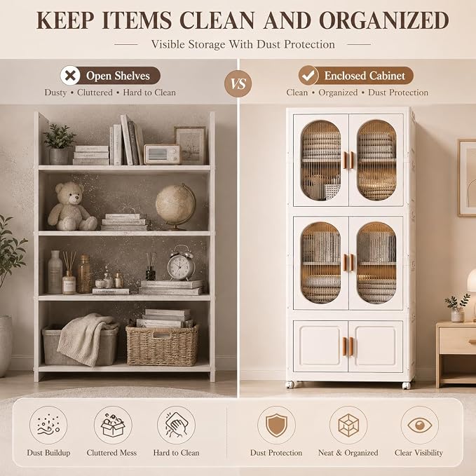 2-Tier Hanging Foldable Closet with Storage Bin, 3-Tier Portable Armoire Organizer, Modular Folding Cabinet with Doors & Wheels for Nursery Room Organization, Clear
