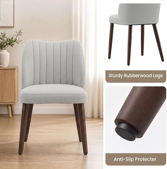 Upholstered Dining Chairs Set of 2, Modern Fabric Dining Chairs with Curved Backrest & Solid Rubber Wood Legs, Padded Kitchen Dining Room Chairs for Restaurant Cafe, Light Grey