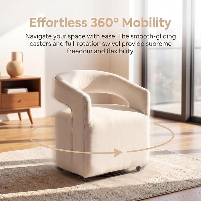 HNY 360° Swivel Upholstered Dining Chairs with Wheels Set of 6 – Soft Linen Fabric, Barrel Back Design, Rolling Kitchen Seating for Living Room, Makeup Vanity, Reception, Beige