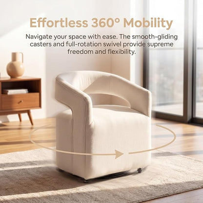 HNY 360° Swivel Upholstered Dining Chairs with Wheels Set of 2 – Soft Linen Fabric, Barrel Back Design, Rolling Kitchen Seating for Living Room, Makeup Vanity, Reception, Beige