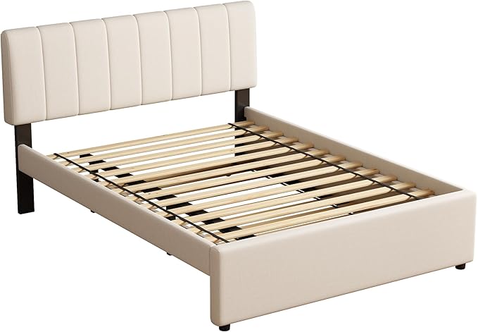 Full Size Upholstered Platform Bed with Pull-Out Trundle Bed | Twin Size Trundle, LED Lighting Controlled by APP, USB+Type-C Charging Ports, Chenille Upholstered Bed Frame,Beige