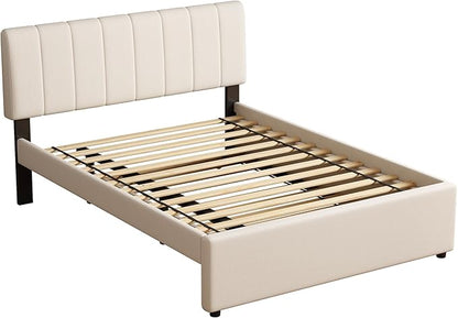 Full Size Upholstered Platform Bed with Pull-Out Trundle Bed | Twin Size Trundle, LED Lighting Controlled by APP, USB+Type-C Charging Ports, Chenille Upholstered Bed Frame,Beige