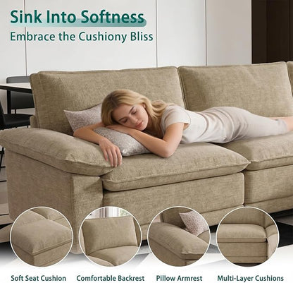 Modern L Shaped Sofa Couches for Living Room, Modular Sectional Cloud Couch with Movable Ottoman, Comfy Chenille Sofa for Apartment and Small Space, Light Yellow